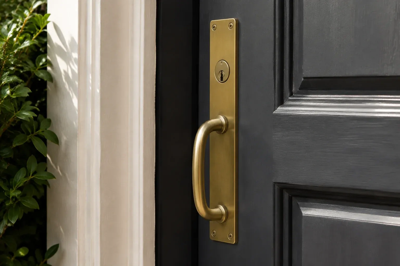 Brass pull handle on a long rectangular plate with a keyhole, mounted on a black paneled door beside a white frame.