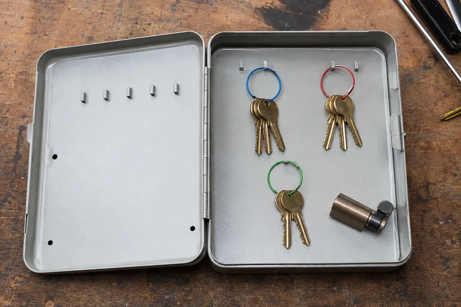 Three groups of keys on colored rings in an open metal key cabinet. — Master Key System Design, Toronto