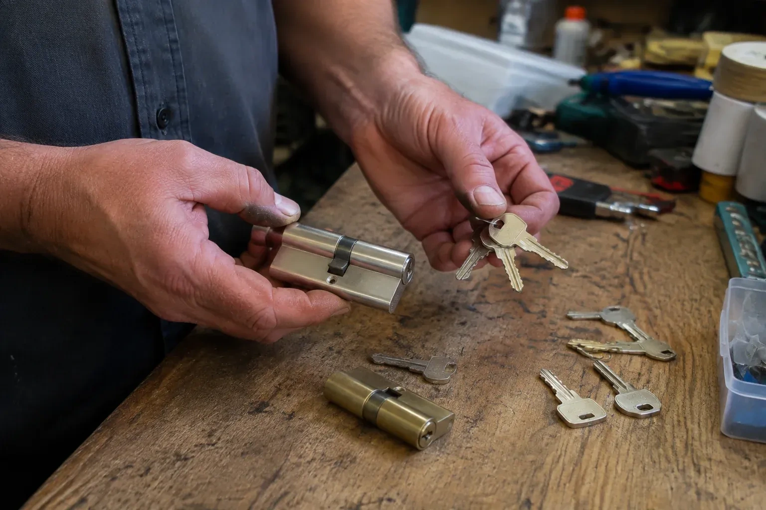 Hands holding a lock cylinder and a ring of keys above a worn workbench with another cylinder and loose keys. — Lock Rekeying, Toronto