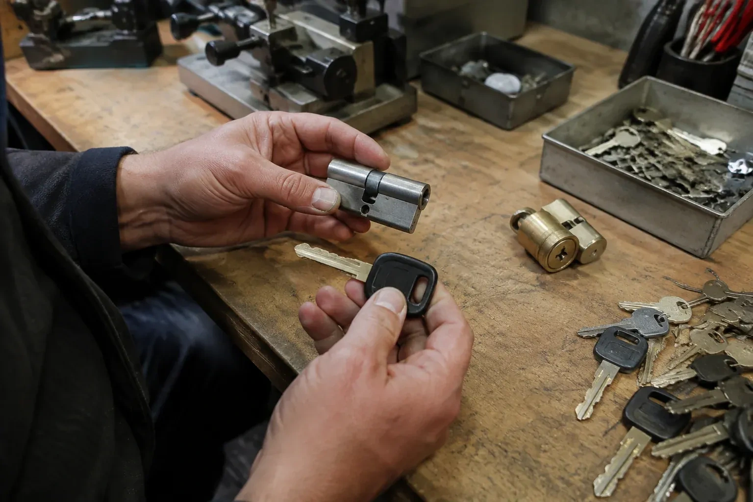 Hands holding a silver-colored lock cylinder and a black-headed key above a workbench with loose keys and another cylinder. — Spare Car Key Duplication, Toronto